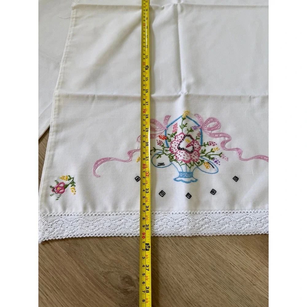 Vtg Hand Embroidered Floral Basket Pillowcase Pair White Lace Trim Cottagecore